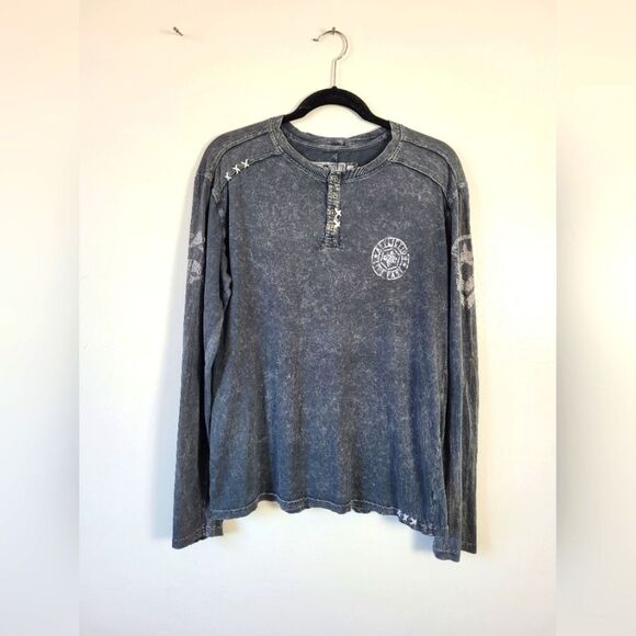 Affliction Men's Long Sleeve Shirt Graphite Grunge Distressed Cross Wings Medium - Picture 1 of 8